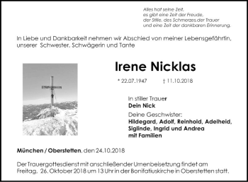 Traueranzeige von Irene Nicklas von Fränkische Nachrichten