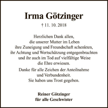 Traueranzeige von Irma Götzinger von Fränkische Nachrichten