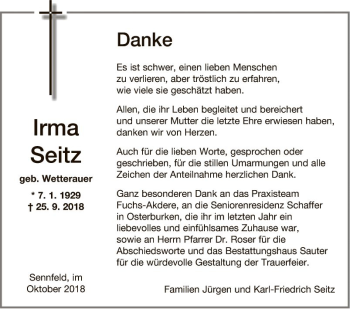 Traueranzeige von Irma Seitz von Fränkische Nachrichten