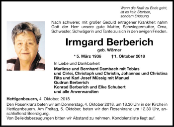 Traueranzeige von Irmgard Berberich von Fränkische Nachrichten