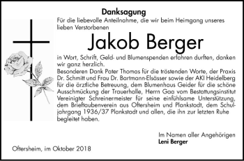 Traueranzeige von Jakob Berger von Schwetzinger Zeitung