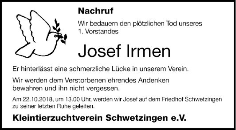  Traueranzeige für Josef Irmen vom 20.10.2018 aus Schwetzinger Zeitung