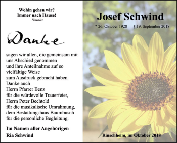 Traueranzeige von Josef Schwind von Fränkische Nachrichten