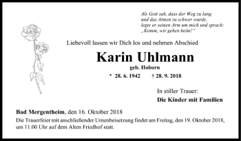 Traueranzeige von Karin Uhlmann von Fränkische Nachrichten