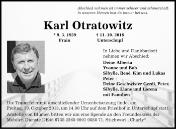 Traueranzeige von Karl Otratowitz von Fränkische Nachrichten