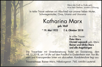 Traueranzeige von Katharina Marx von Bergsträßer Anzeiger