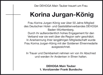 Traueranzeige von Korina Jurgan-König von Fränkische Nachrichten