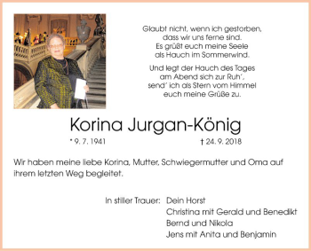 Traueranzeige von Korina Jurgan-König von Fränkische Nachrichten