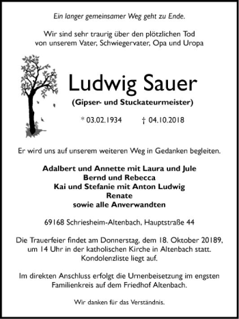 Traueranzeige von Ludwig Sauer von Mannheimer Morgen