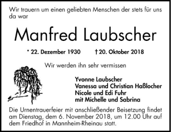 Traueranzeige von Manfred Laubscher von Mannheimer Morgen