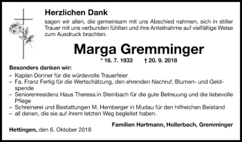 Traueranzeige von Marga Gremminger von Fränkische Nachrichten