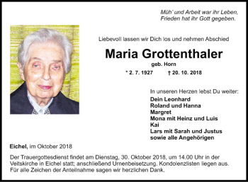 Traueranzeige von Maria Grottenthaler von Fränkische Nachrichten