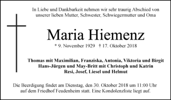 Traueranzeige von Maria Hiemenz von Mannheimer Morgen