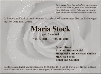 Traueranzeige von Maria Stock von Fränkische Nachrichten