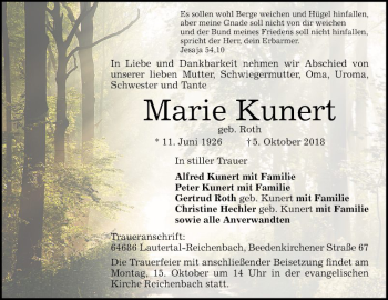 Traueranzeige von Marie Kunert von Bergsträßer Anzeiger