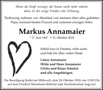 Traueranzeige von Markus Annamaier von Mannheimer Morgen