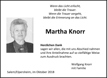 Traueranzeige von Martha Knorr von Fränkische Nachrichten