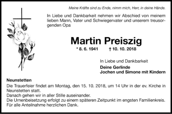 Traueranzeige von Martin Preiszig von Fränkische Nachrichten