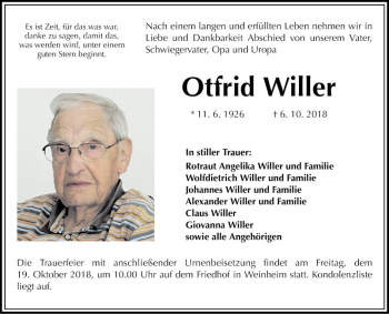 Traueranzeige von Otfrid Willer von Mannheimer Morgen