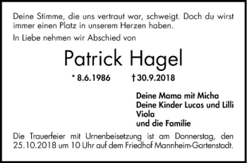 Traueranzeige von Patrick Hagel von Mannheimer Morgen