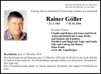 Traueranzeige von Rainer Göller von Fränkische Nachrichten