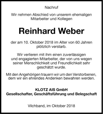 Traueranzeige von Reinhard Weber von Fränkische Nachrichten