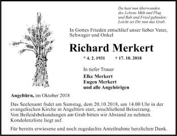 Traueranzeige von Richard Merkert von Fränkische Nachrichten