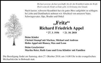 Traueranzeige von Richard Friedrich Appel von Fränkische Nachrichten