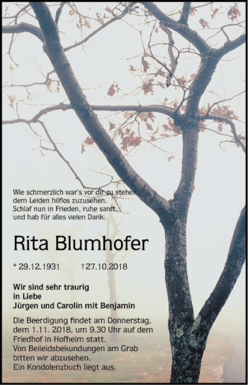 Traueranzeige von Rita Blumhofer 