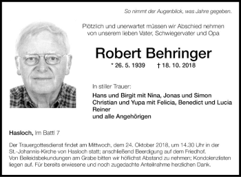 Traueranzeige von Robert Behringer von Fränkische Nachrichten