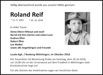 Traueranzeige von Roland Reif von Fränkische Nachrichten