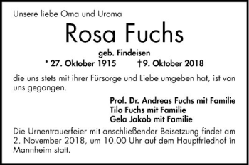 Traueranzeige von Rosa Fuchs von Mannheimer Morgen