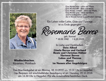 Traueranzeige von Rosemarie Berres von Fränkische Nachrichten