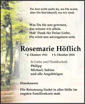 Traueranzeige von Rosemarie Höflich von Bergsträßer Anzeiger