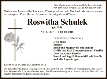 Traueranzeige von Roswitha Schulek von Fränkische Nachrichten