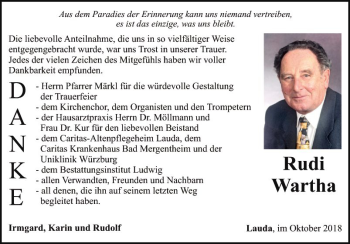 Traueranzeige von Rudi Wartha von Fränkische Nachrichten