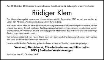 Traueranzeige von Rüdiger Klem von Mannheimer Morgen