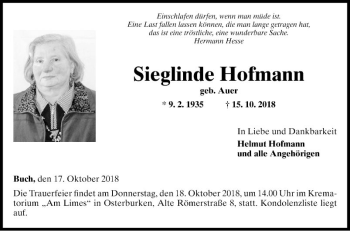 Traueranzeige von Sieglinde Hofmann von Fränkische Nachrichten