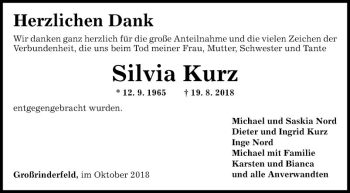 Traueranzeige von Silvia Kurz von Fränkische Nachrichten