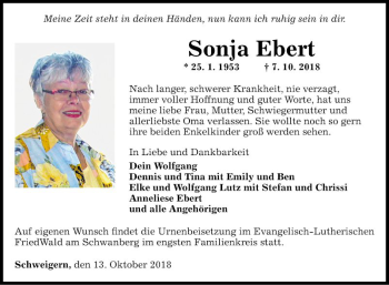 Traueranzeige von Sonja Ebert von Fränkische Nachrichten