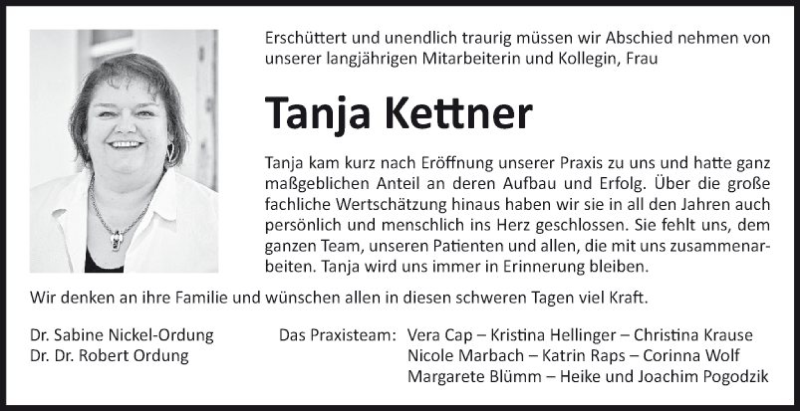  Traueranzeige für Tanja Kettner vom 25.10.2018 aus Fränkische Nachrichten