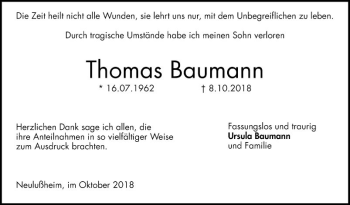 Traueranzeige von Thomas Baumann von Schwetzinger Zeitung