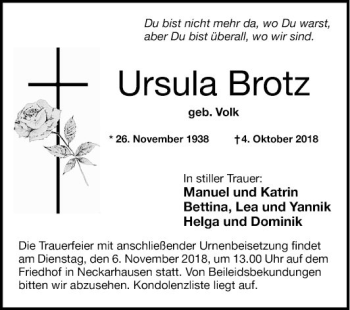 Traueranzeige von Ursula Brotz von Mannheimer Morgen