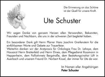 Traueranzeige von Ute Schuster von Bergsträßer Anzeiger