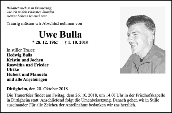 Traueranzeige von Uwe Bulla von Fränkische Nachrichten