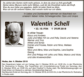 Traueranzeige von Valentin Schell von Fränkische Nachrichten