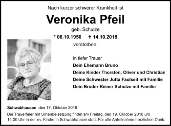 Traueranzeige von Veronika Pfeil von Fränkische Nachrichten