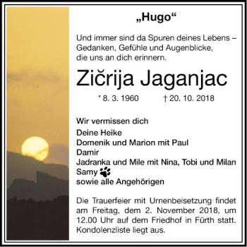 Traueranzeige von Zicrija Jaganjac von Bergsträßer Anzeiger