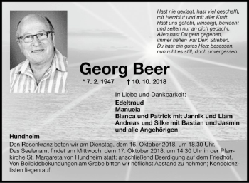 Traueranzeige von georg Beer von Fränkische Nachrichten