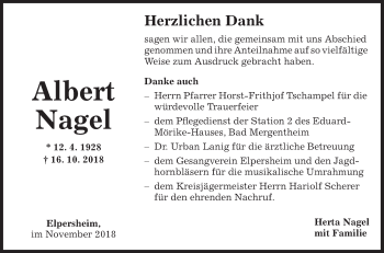 Traueranzeige von Albert Nagel von Fränkische Nachrichten